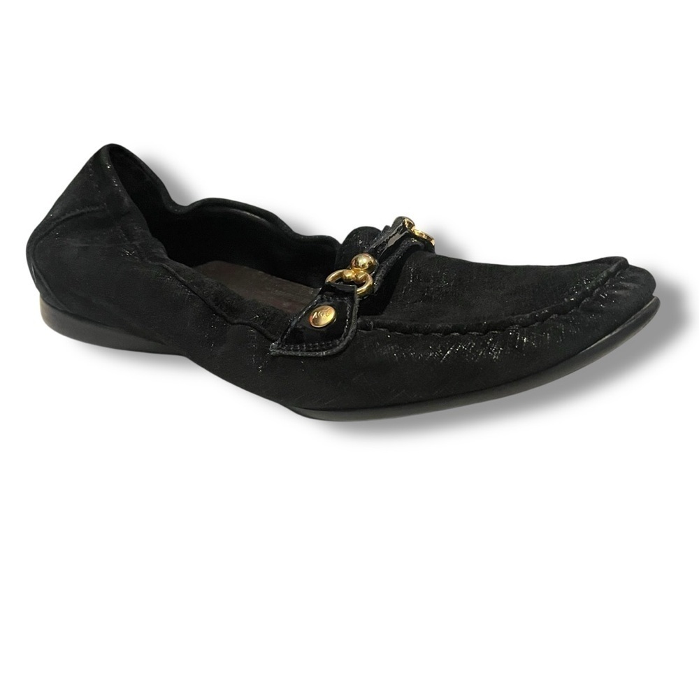 AGL Driving Loafers Flats 38 US 8 Black Nubuck Suede Cross Hatch Gold Logo